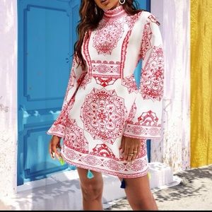 Boho Floral Paisley Tribal Geo Print High Neck Mini Dress White RED